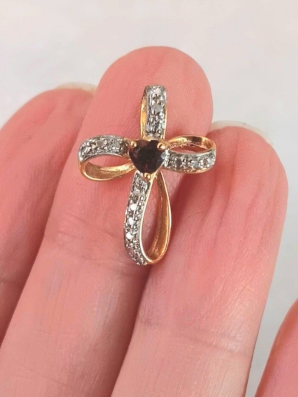 Stamped 925 Gold Cross Pendant | Garnet Heart & Diamond Accents